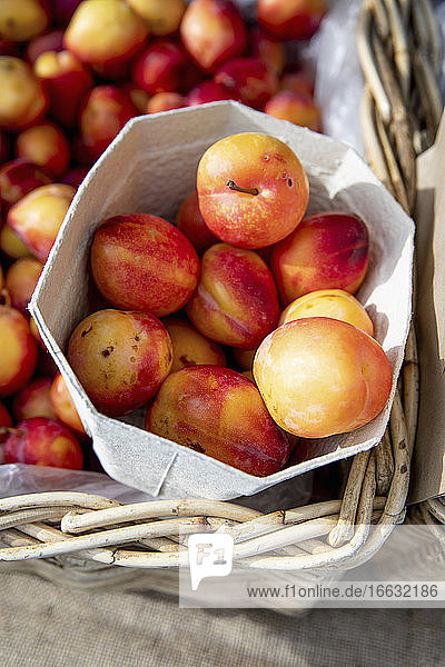 Yellow plums in a cardboard punnet