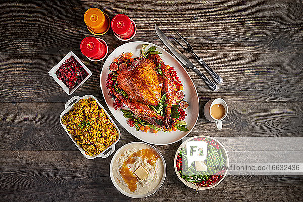 Roast turkey with orange glaze and side dishes