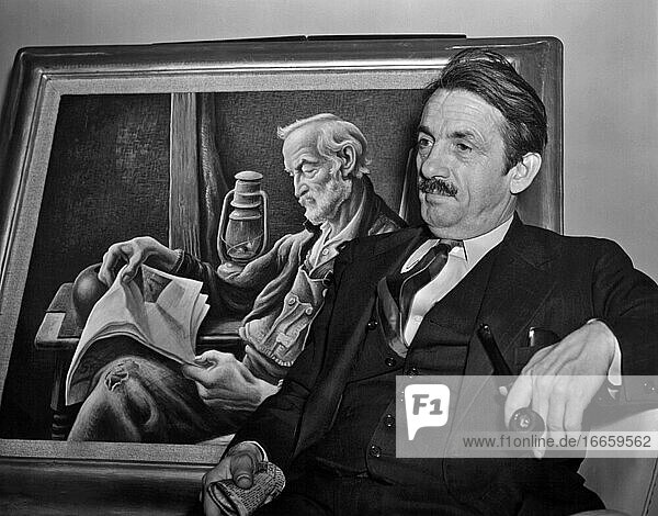 New York  New York  April 5  1941
Artist Thomas Hart Benton  seated in front of his painting  Old Man Reading   astounded gallery directors today by saying he would rather hang his pictures in saloons and bawdy houses than in fine museums.