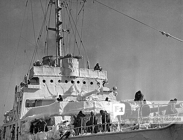 Atlantic Ocean  circa 1944
A Coast Guard ship in the North Atlantic showing the extreme ice and cold condtions they must deal with.