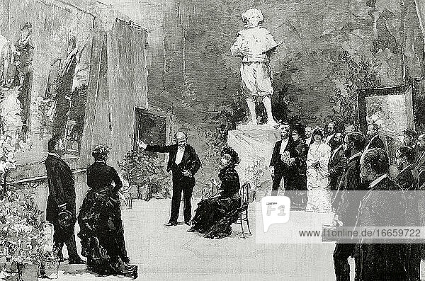 Margherita of Savoy (1851-1926). Queen consort of the Kingdom of Italy during (1878-1900) of her husband  Umberto I. visit to the Spanish Academy  Rome. Engraving by J.M. Carbonero.