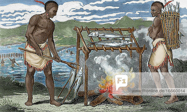 Ureinwohner Nordamerikas. Ponca-Indianer beim Fischbraten. Französischer Kupferstich  1844. Koloriert.