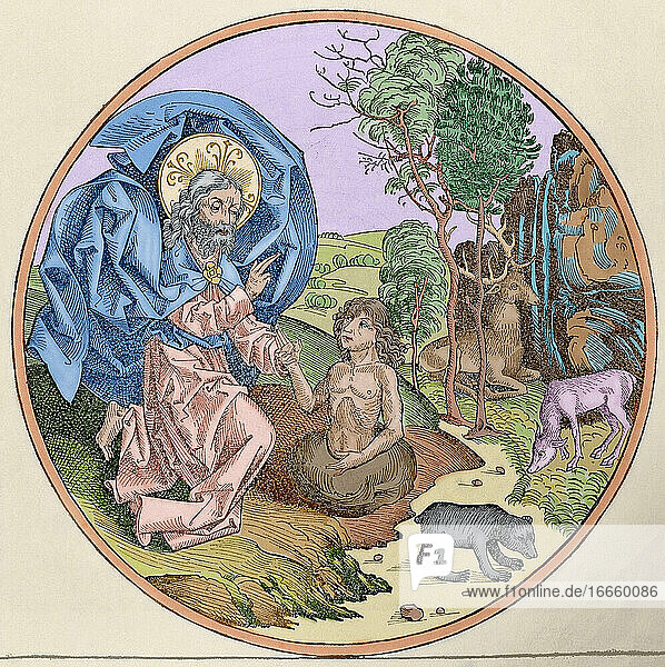 Die Erschaffung des Menschen. Kupferstich  16. Jahrhundert. Koloriert.