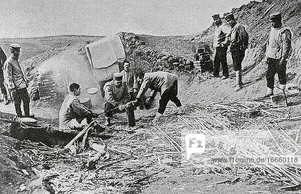 Russisch-Japanischer Krieg (1904-1905). Japaner schneiden Holz mit einer Säge vor Benia-Pu-tza. Fotografie. La Ilustracion Artistica .