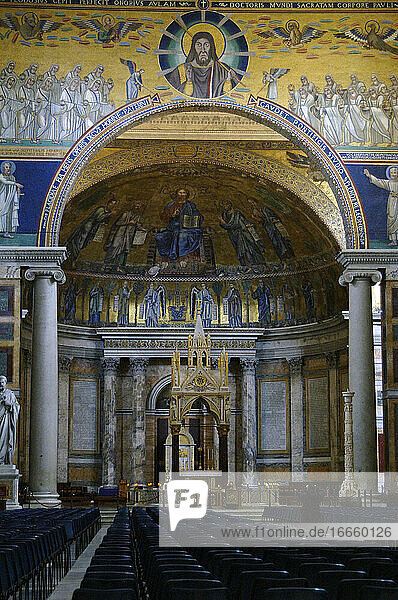 Italy. Rome. Basilica of Saint Paul Outside the Walls. Apse mosaic (1200) by Venetian artists. Christ in flanked by the Apostles Peter  Paul  Andrew and Luke and Arnolfo di Cambio's Tabernacle  1285.