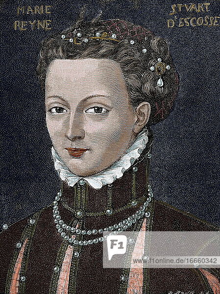 Maria  Königin der Schotten (1542-1587). Königin von Schottland und Königingemahlin von Frankreich. Kupferstich von R. Bong. Historia Universal  1885. Originalporträt von F. Clouet (16. Jh.). Koloriert.