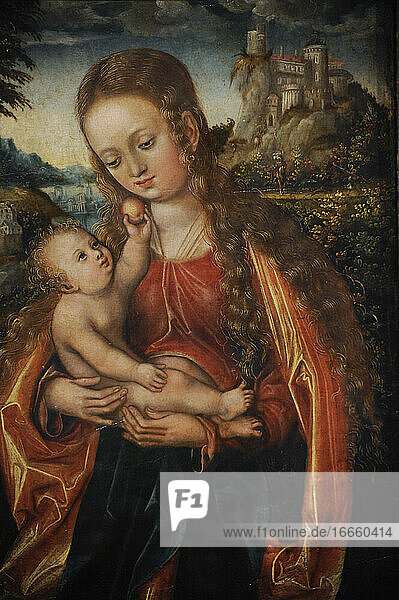 Werkstatt von Lucas Cranach dem Älteren (16. Jahrhundert). Die Jungfrau mit Kind  ca. 1517. Nationalgalerie. Oslo. Norwegen.