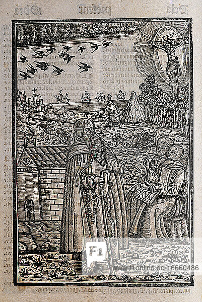 Ramon Llull (1235-1316). Spanischer Schriftsteller und Philosoph. Blanquerna  ca. 1293. Kupferstich  der Ramon Llull bei einer Predigt oder einem Gespräch mit zwei Personen oder Jüngern zeigt.