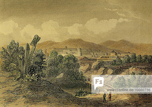Peru. Cusco. Gegründet von Francisco PIzarro. Kupferstich  1850. Farbe.