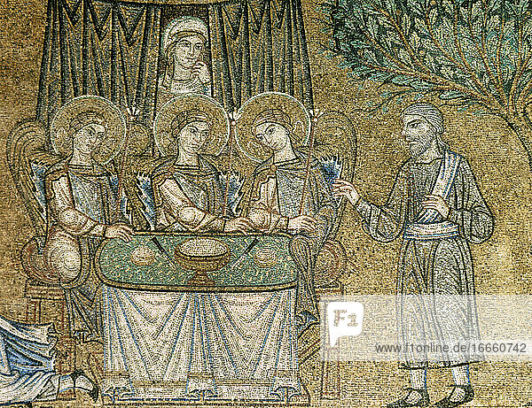 Drei Engel zu Gast bei Abraham. Biblische Szene. Mosaik  13. Jh. Vorhof. St. Markus Basilika. Venedig. Italien.