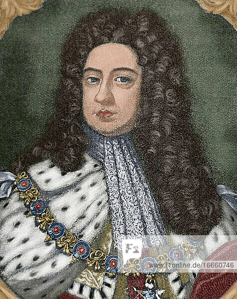 Georg II. (1683-1760). König von Großbritannien und Irland. Kurfürst des Heiligen Römischen Reiches. Porträt. Kupferstich. Koloriert.