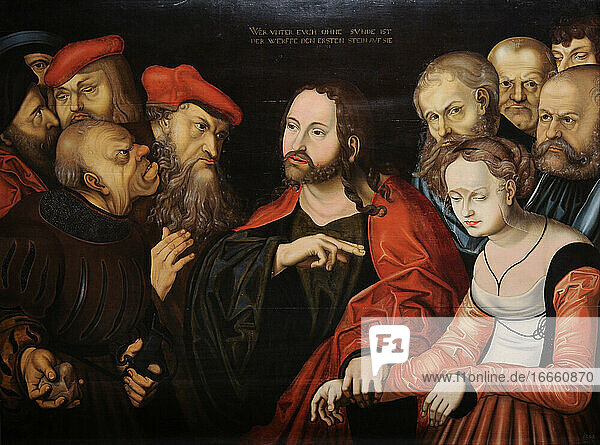 Anhänger von Lucas Cranach dem Älteren (16. Jahrhundert). Christus und die beim Ehebruch ergriffene Frau  1531. Nationalgalerie. Oslo. Norwegen.