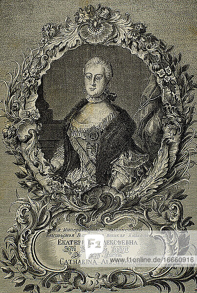 Katharina die Große (1729-1796). Kaiserin und Alleinherrscherin über ganz Russland. Porträt. Kupferstich.