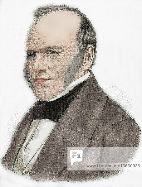 Charles Lyell (1797-1875). Britischer Jurist und Geologe. Kupferstich von Maynhofer in Unser Jahrhundert  1883. Koloriert.