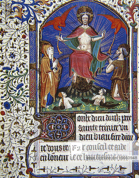 Buch der Stunden. Christliches Andachtsbuch. Miniatur  15. Jahrhundert. Auferstehung der Toten. Conde-Museum. Chantilly. Frankreich.