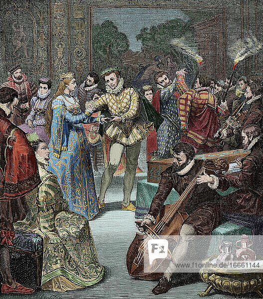 Leopold I. (1640-1705). Kaiser des Heiligen Römischen Reiches. Hochzeitsfeier von Leopold I. und Margarete Theresia von Spanien. Kupferstich von H. Kaefeberg in Germania  1882. Koloriert.
