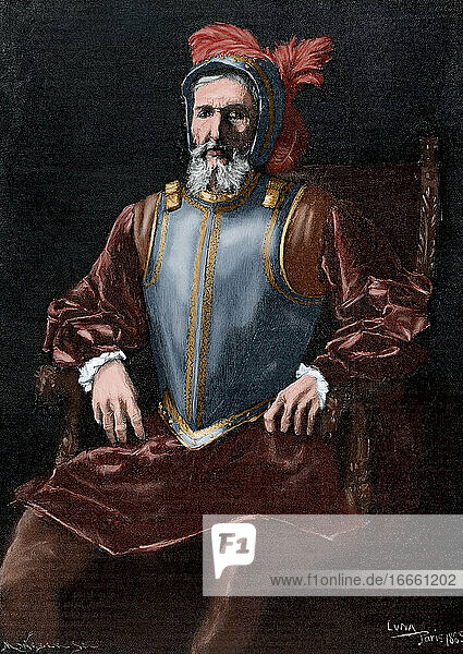 Miguel Lopez de Legazpi (1503-1572). Spanischer Admiral und Gouverneur. Kupferstich von Weber. Die künstlerische Illustration  1886. Koloriert.