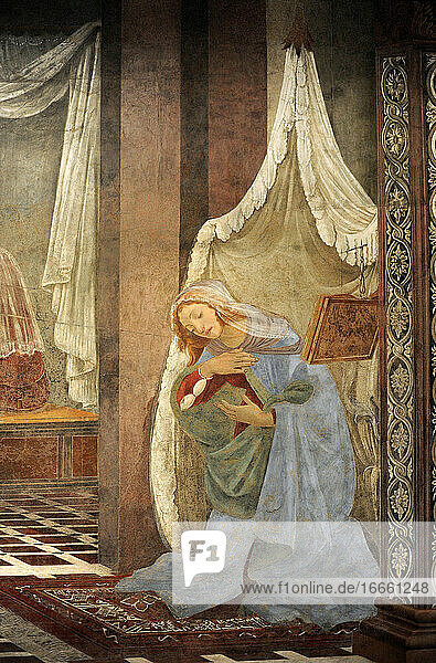 Sandro Botticelli (1445-1510). Italienischer Maler. Frühe Renaissance. Die Verkündigung  1481. Die Jungfrau Maria. Fresko. Galerie der Uffizien. Florenz. Italien.