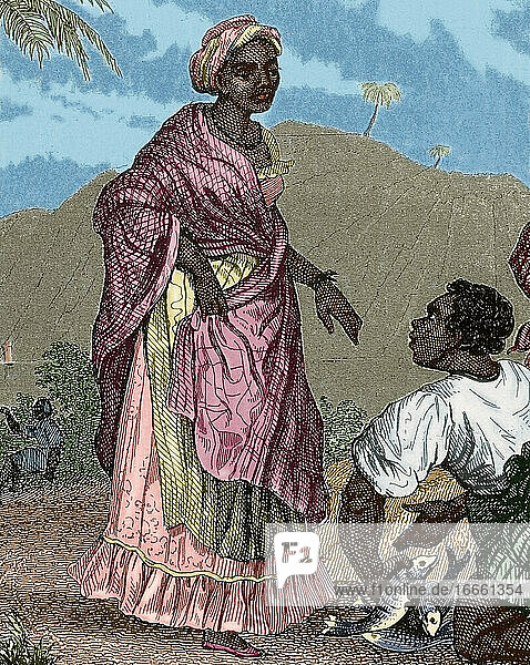 Schwarze Frau und Mann. Kupferstich  19. Jahrhundert. Koloriert.