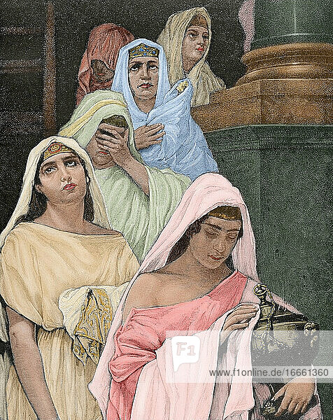 Priesterinnen der Göttin Vesta im Tempel. Kupferstich. Koloriert.