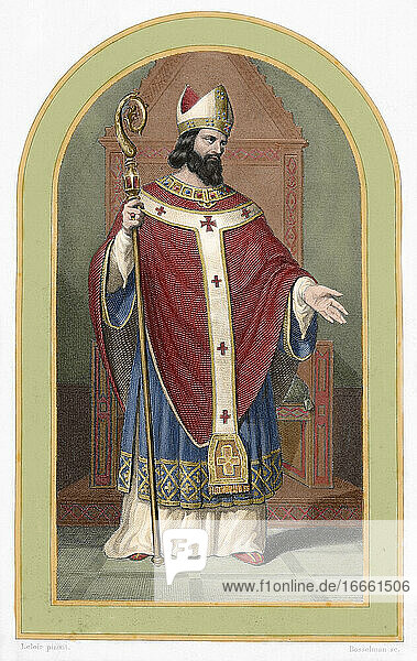 Der heilige Denis von Paris (3. Jahrhundert n. Chr.). Bischof von Paris. Kolorierter Kupferstich. 19. Jahrhundert.
