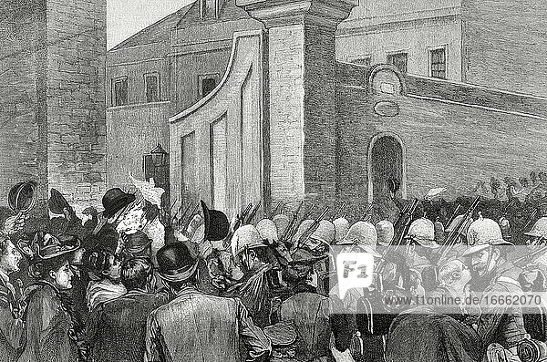Großer Krieg  1892. Mobilisierung der englischen Armee. Truppen kommen aus dem Deichtor von Portsmouth. Kupferstich von S. Wood. Die künstlerische Illustration  1892.