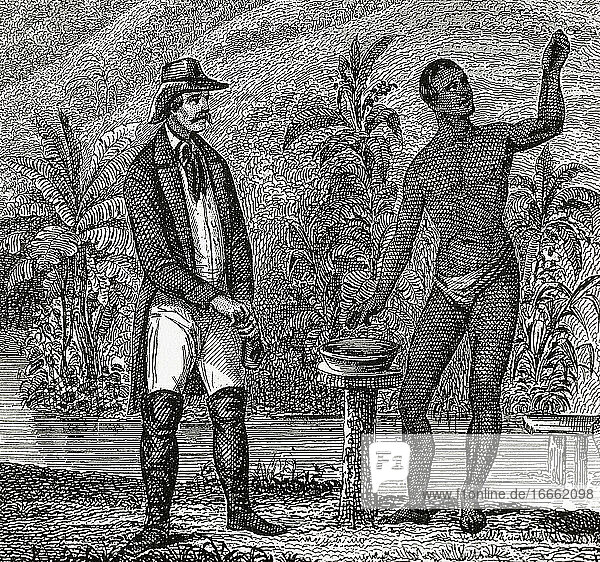 Geschichte der Sklaverei. Vorarbeiter  der die Suche nach Goldnuggets überwacht  die von Sklaven hergestellt wurden. Kupferstich  19. Jahrhundert.