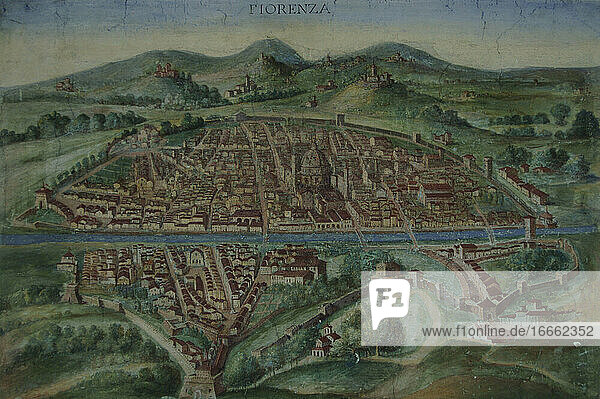 Italien. Florenz. Karte der Stadt im 16. Jahrhundert. Karten Galerie. Vatikanische Museen. Vatikanstaat.