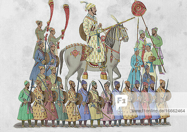 Indien. Maratha-Reich. Gegründet von König Shivaji im 17. Jahrhundert. Kupferstich  19. Jahrhundert. Koloriert.
