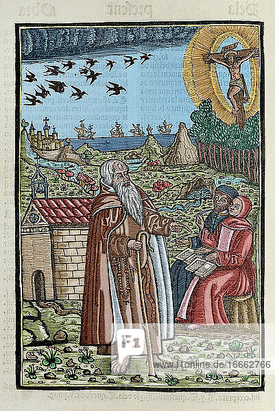 Ramon Llull (1235-1316). Spanischer Schriftsteller und Philosoph. Blanquerna  ca. 1293. Kupferstich  der Ramon Llull bei einer Predigt oder einem Gespräch mit zwei Personen oder Jüngern zeigt. Koloriert.