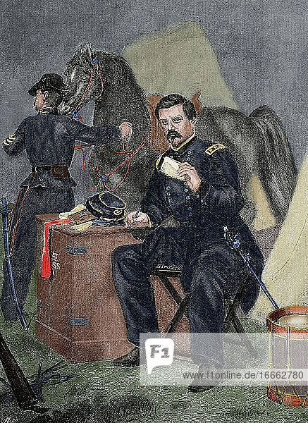 George Brinton McClellan (1826 'ÄöAv¨ 1885). Generalmajor im amerikanischen Bürgerkrieg und Präsidentschaftskandidat der Demokraten im Jahr 1864  der später Gouverneur von New Jersey war. Kupferstich. Koloriert.