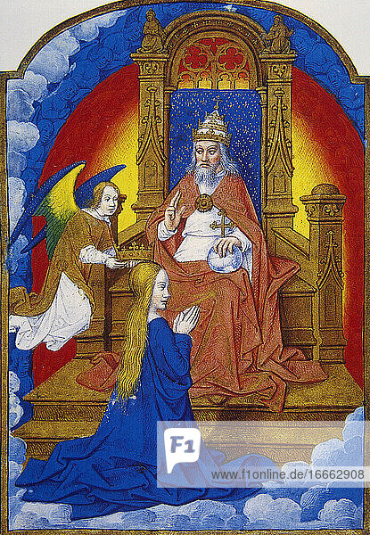 Gott krönt die Jungfrau Maria. Stundenbuch  15. Jahrhundert. Conde-Museum. Chantilly Frankreich
