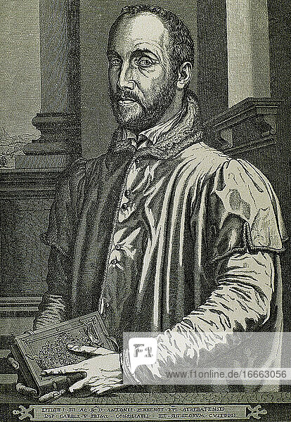 Antoine Perrenot de Granvelle (1517-1586). Burgundischer Staatsmann  zum Kardinal ernannt. Minister der spanischen Habsburger. Kupferstich.