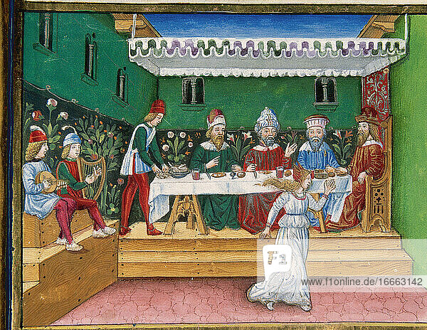 Das Festmahl des Herodes. Der Tanz der Salome. Codex von Predis (1476). Königliche Bibliothek. Turin. Italien.