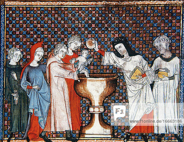 Das Sakrament der Taufe. Miniatur  14. Jahrhundert. Vertrag der Hingabe. Schloss von Chantilly. Frankreich.