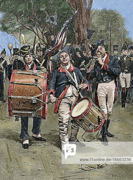 Amerikanischer Revolutionskrieg (1775-1783). Feierlichkeiten zum Unabhängigkeitstag. Kupferstich von Gilbert Gaul. Koloriert.