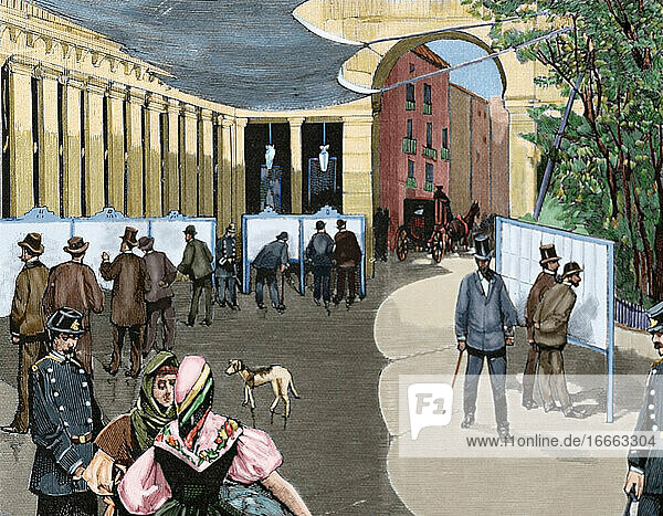 Spanien. Madrid. Ausstellung der Wahllisten auf dem Maiplatz  vom 31. Juli bis 15. August 1890. Kupferstich  1890. Koloriert.