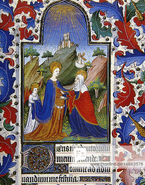 Visitation. Mary visits Elizabeth. Mary is pregnant with Jesus and Elizabeth is pregnant with John the Baptist. Book of Hours. Miniature  14th centrury. Conde Museum. Chantilly. France.