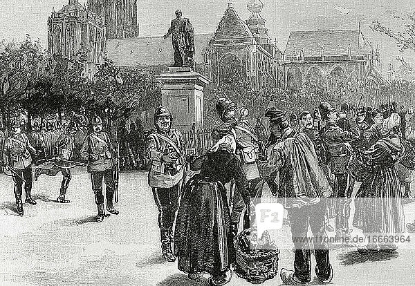 Der Große Krieg von 1892. Englische Truppen auf dem Verte-Platz in Antwerpen. Kupferstich in The Artistic Illustration  1892.