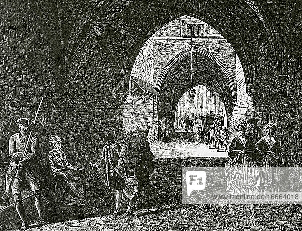 Frankreich. Paris. 18. Jahrhundert. Gewölbter Durchgang unter dem Petit Chatelet zwischen der Rue Saint Jacques und dem Petit-Pont im Jahr 1770. Kupferstich von Mealle.