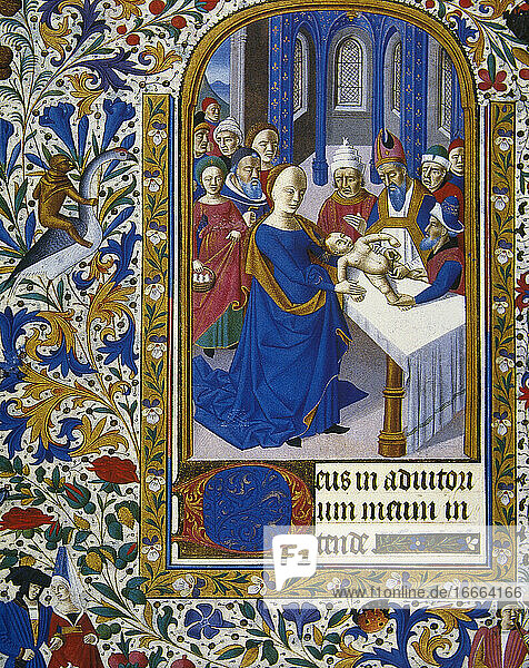 Book of hours. 15th century. Circumcision. Brit milah Jewish religious male circuncision ceremony. Conde Museum. Chantilly. France.
