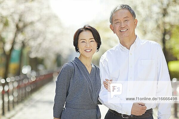 Japanisches älteres Paar lächelt im Freien