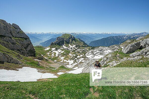 Hiker on a hiking trail  behind Haidachstellwand  5-summit via ferrata  hiking at the Rofan Mountains  Tyrol  Austria  Europe