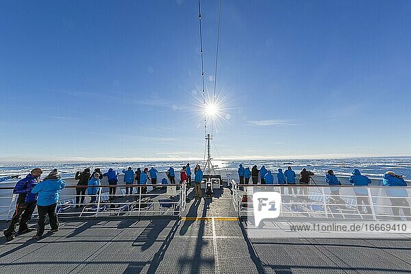 Passengers on cruise ship  on deck  back light  ice field  North Atlantic  East coast Greenland  Denmark  Europe