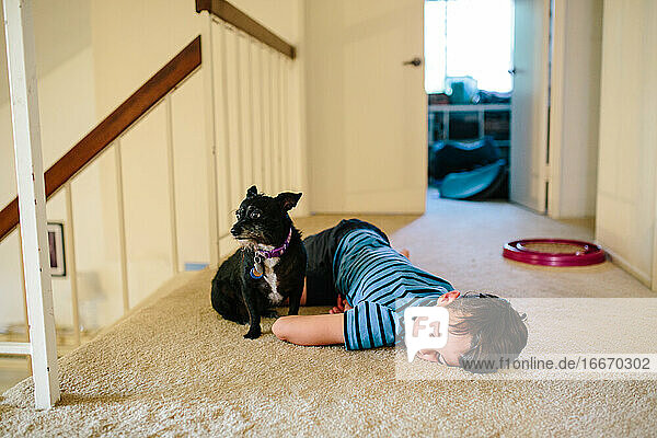 Boy lays sleepily on the landing of stairs with his dog