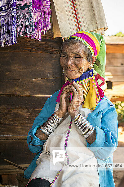 Portrait of senior Burmese woman from Kayan tribe  Loikaw  Myanmar
