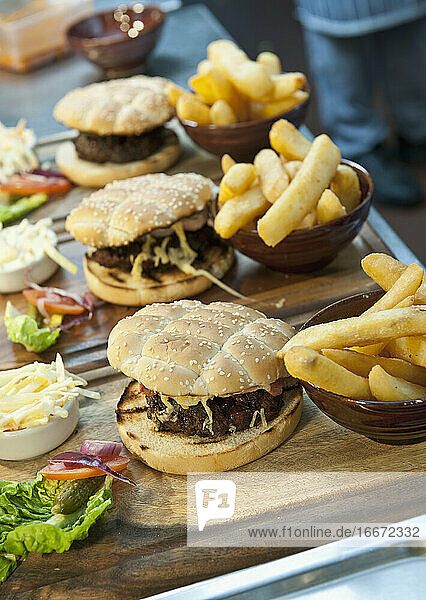 plates with hamburgers in a restaurant - ready to be served