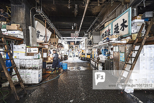 Gasse auf dem traditionellen Tsukiji-Fischmarkt in Tokio / Japan