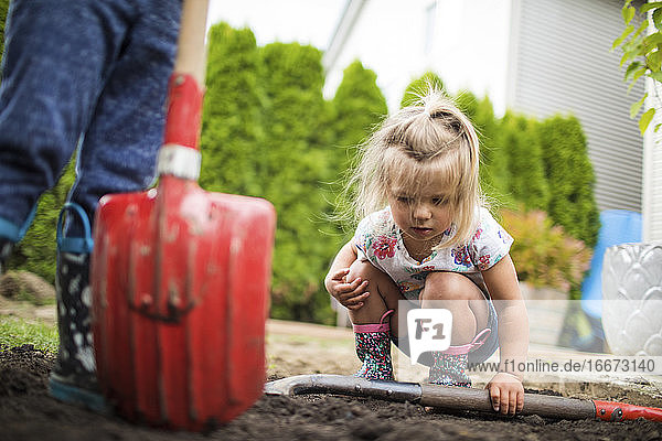 Niedliches junges Mädchen untersucht den Schmutz auf der Suche nach Käfern und Würmern.