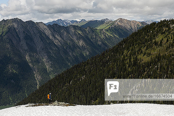 Anonymer Wanderer mit Blick auf majestätische bewaldete Berge an einem bewölkten Tag